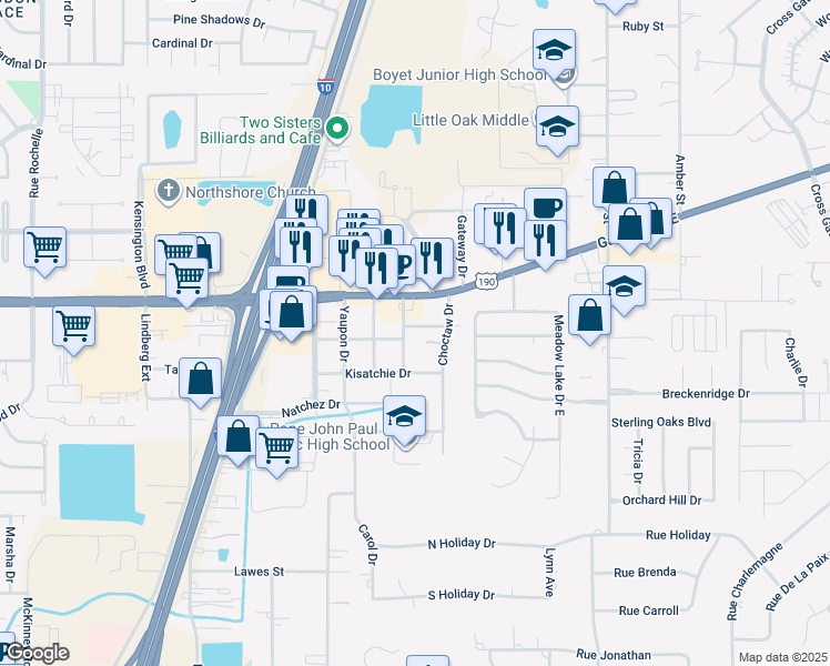 map of restaurants, bars, coffee shops, grocery stores, and more near 39332 Rosalind Drive in Slidell