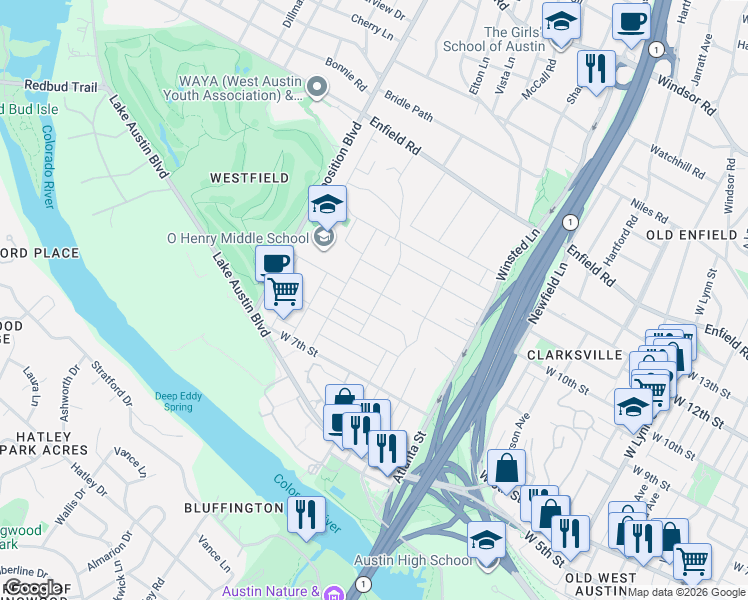map of restaurants, bars, coffee shops, grocery stores, and more near 904 Possum Trot Street in Austin