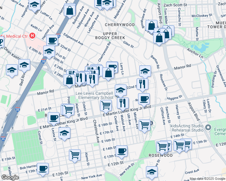 map of restaurants, bars, coffee shops, grocery stores, and more near 2607 Oaklawn Avenue in Austin