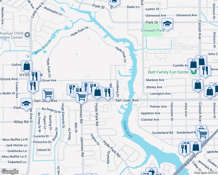 map of restaurants, bars, coffee shops, grocery stores, and more near 1942 Niblick Drive in Jacksonville