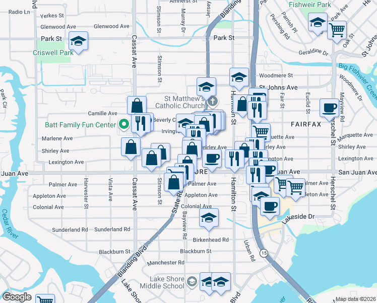 map of restaurants, bars, coffee shops, grocery stores, and more near in Jacksonville