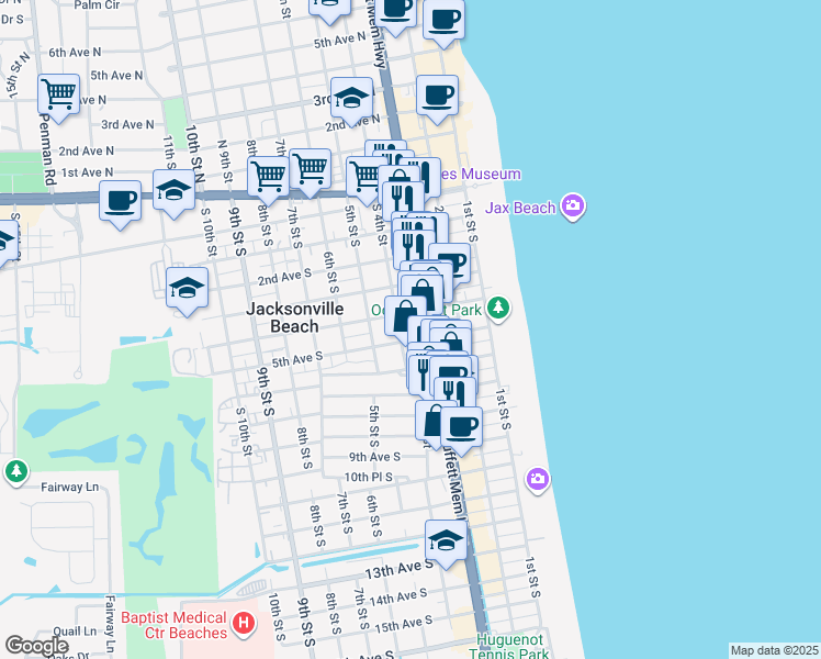 map of restaurants, bars, coffee shops, grocery stores, and more near 333 5th Avenue South in Jacksonville Beach
