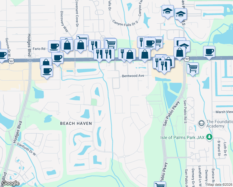 map of restaurants, bars, coffee shops, grocery stores, and more near 14051 Claridge Road East in Jacksonville