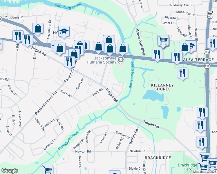 map of restaurants, bars, coffee shops, grocery stores, and more near 8300 Hogan Road in Jacksonville