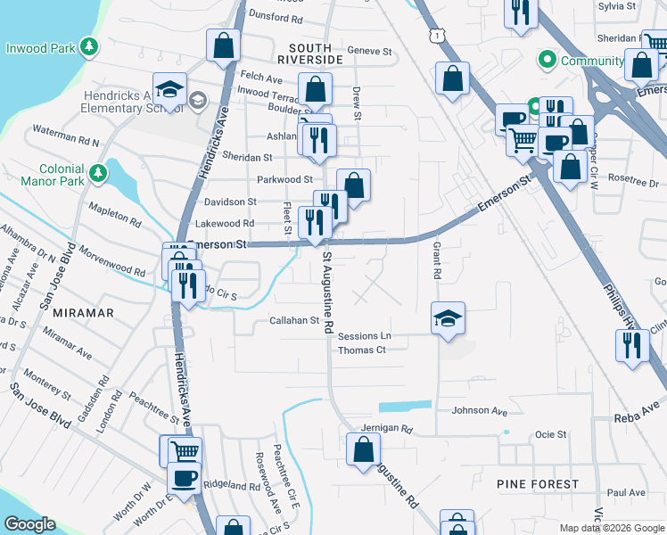 map of restaurants, bars, coffee shops, grocery stores, and more near 3789 Saint Augustine Road in Jacksonville
