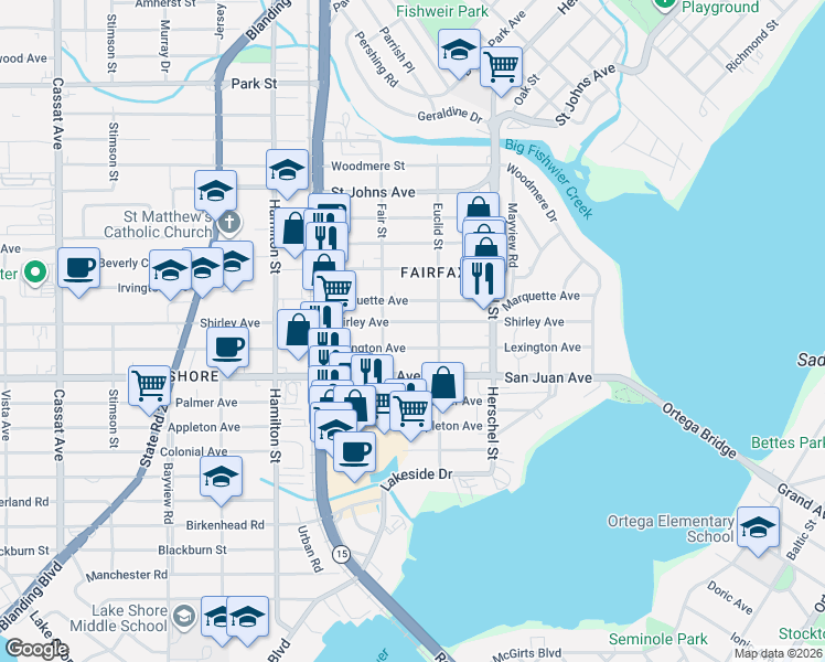 map of restaurants, bars, coffee shops, grocery stores, and more near 4341 Lexington Avenue in Jacksonville