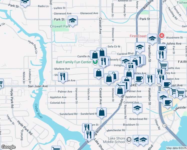map of restaurants, bars, coffee shops, grocery stores, and more near 5045 Lexington Avenue in Jacksonville