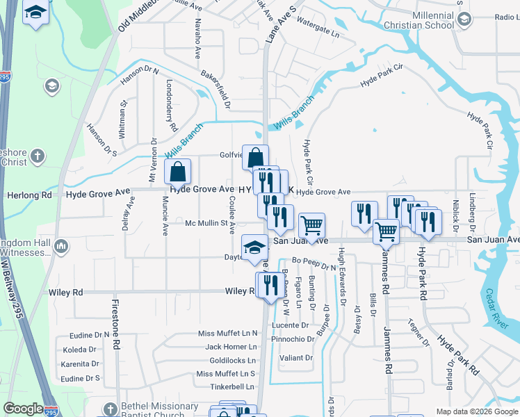 map of restaurants, bars, coffee shops, grocery stores, and more near 6725 Mcmullin Street in Jacksonville