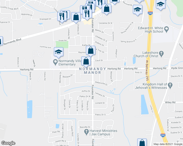 map of restaurants, bars, coffee shops, grocery stores, and more near 8002 Ridgehill View Road in Jacksonville