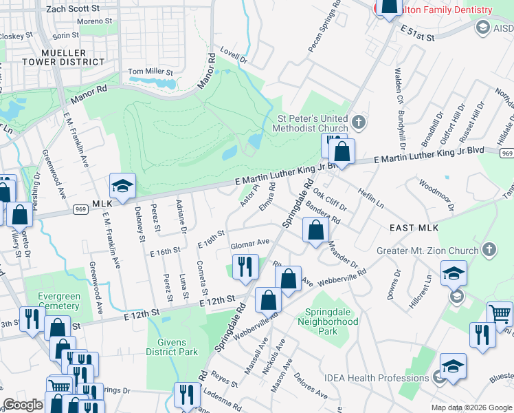 map of restaurants, bars, coffee shops, grocery stores, and more near 1613 Elmira Road in Austin