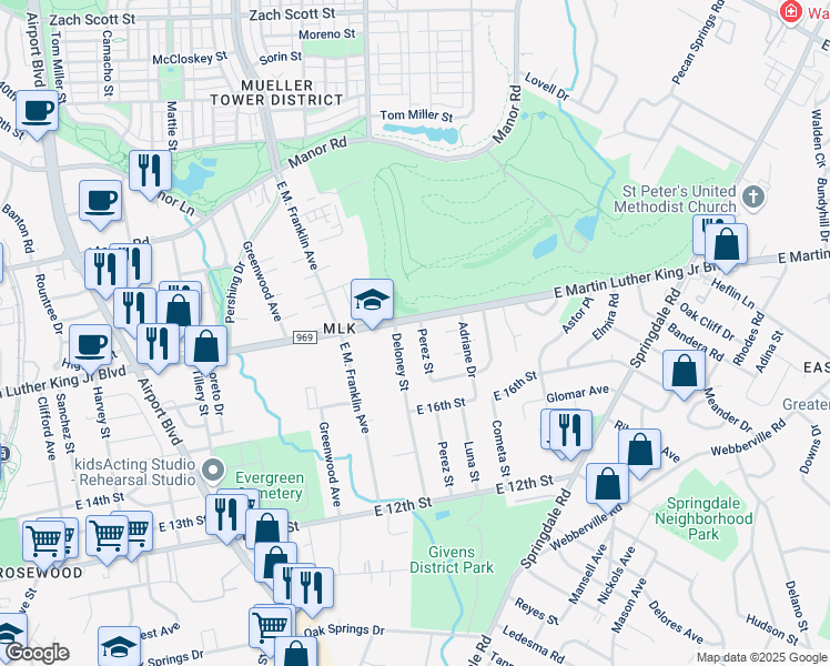 map of restaurants, bars, coffee shops, grocery stores, and more near 1805 Deloney Street in Austin