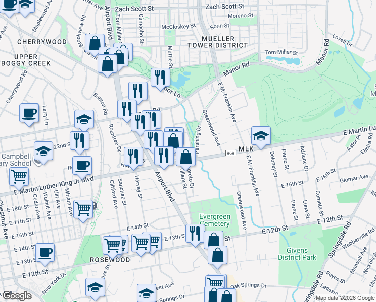 map of restaurants, bars, coffee shops, grocery stores, and more near 1904 Pershing Drive in Austin