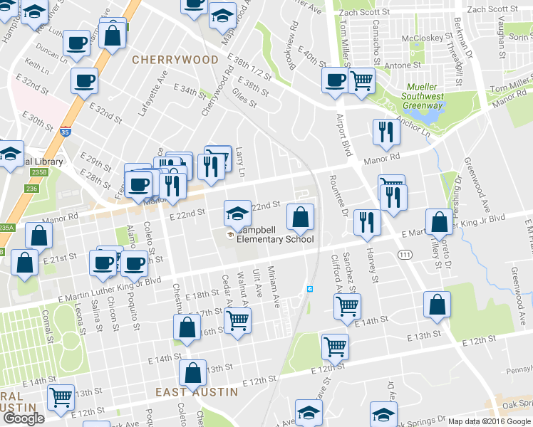 map of restaurants, bars, coffee shops, grocery stores, and more near 2805 East 22nd Street in Austin