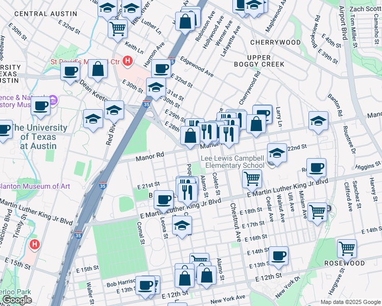 map of restaurants, bars, coffee shops, grocery stores, and more near in Austin