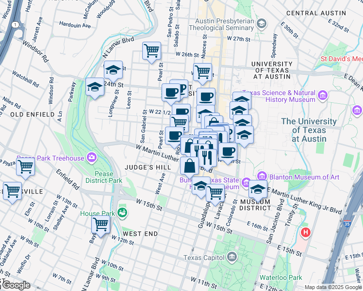 map of restaurants, bars, coffee shops, grocery stores, and more near 1912 Nueces Street in Austin