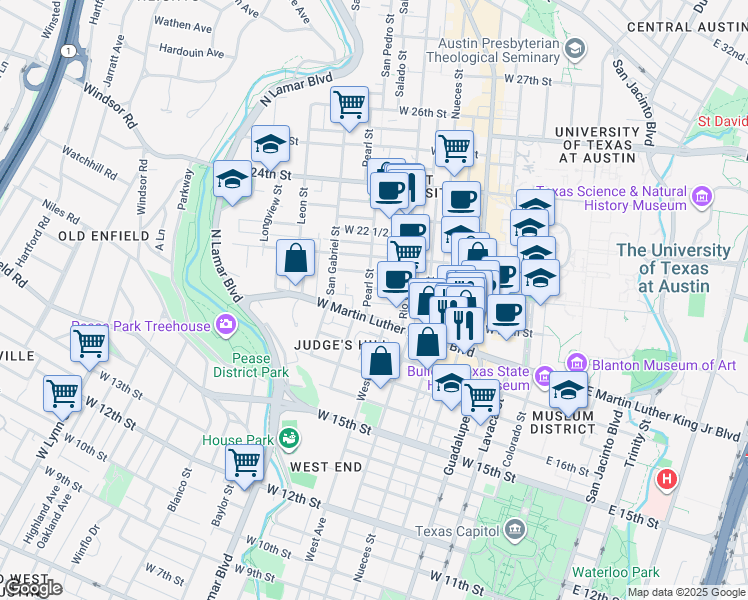 map of restaurants, bars, coffee shops, grocery stores, and more near 805 West Martin Luther King Junior Boulevard in Austin