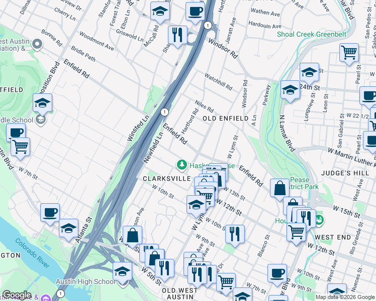 map of restaurants, bars, coffee shops, grocery stores, and more near 1705 Enfield Road in Austin