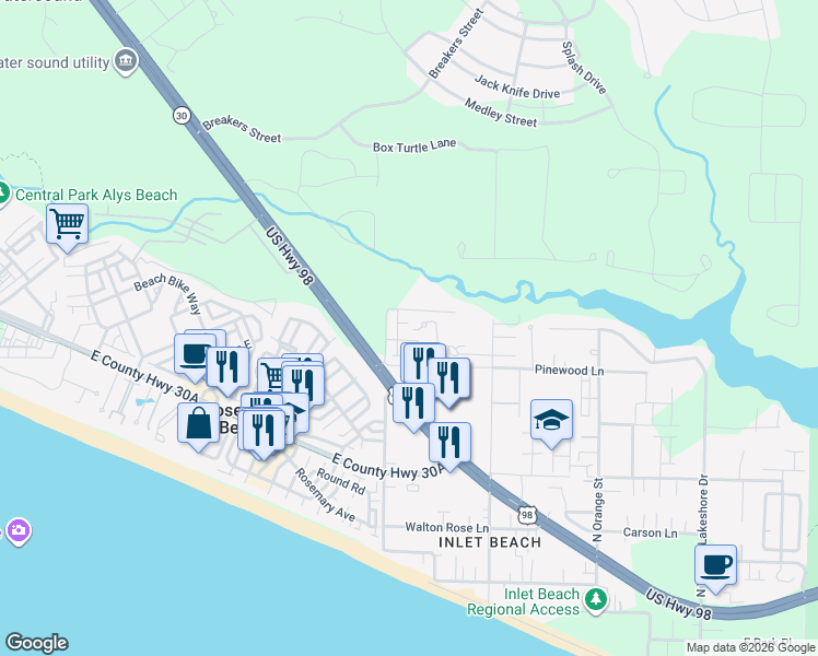 map of restaurants, bars, coffee shops, grocery stores, and more near 26 Barbados Lane in Panama City Beach