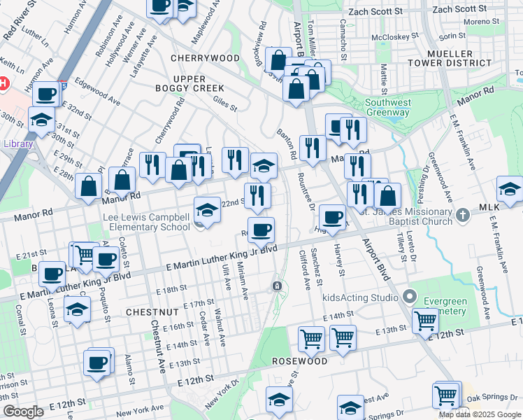 map of restaurants, bars, coffee shops, grocery stores, and more near 2100 Alexander Avenue in Austin