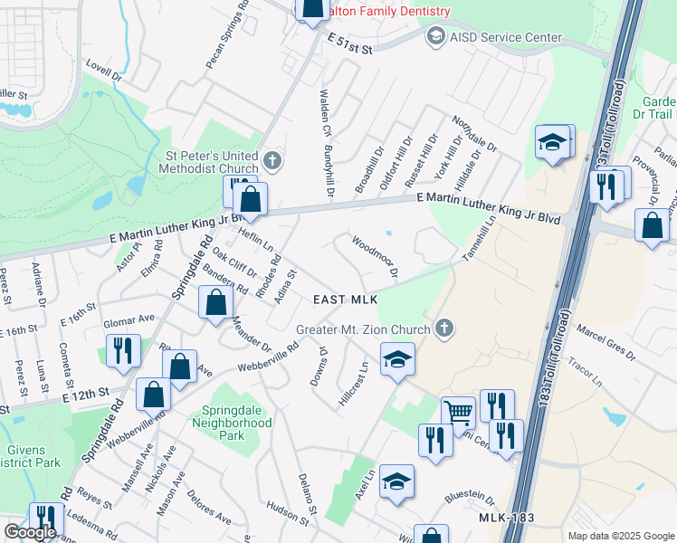 map of restaurants, bars, coffee shops, grocery stores, and more near 5102 Heflin Lane in Austin