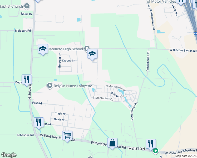 map of restaurants, bars, coffee shops, grocery stores, and more near 721 West Butcher Switch Road in Lafayette