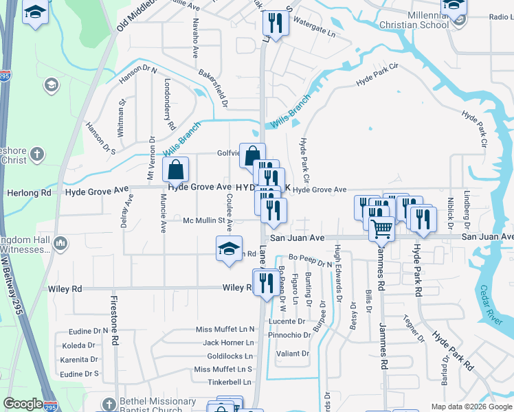 map of restaurants, bars, coffee shops, grocery stores, and more near 6725 Mcmullin Street in Jacksonville