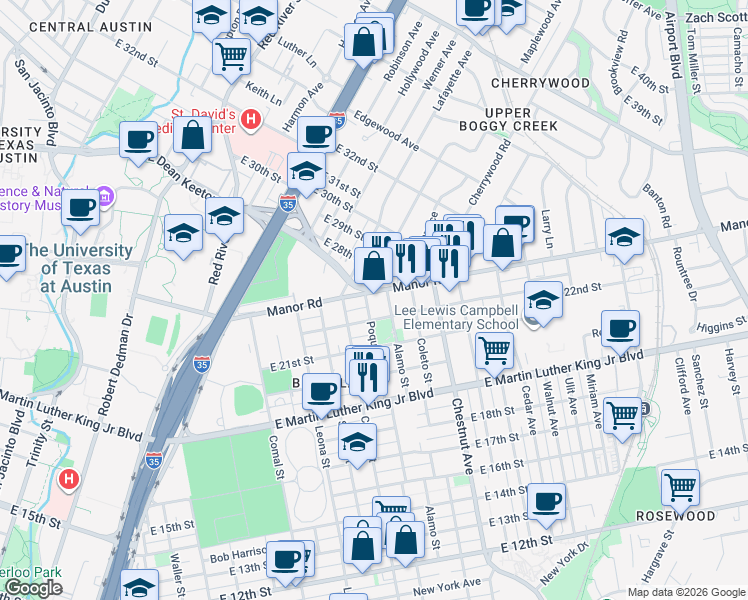 map of restaurants, bars, coffee shops, grocery stores, and more near 2213 Poquito Street in Austin