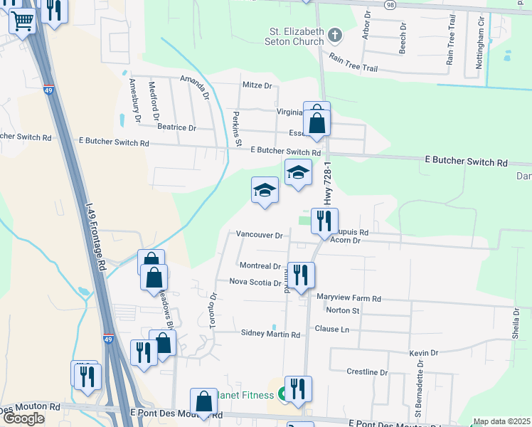 map of restaurants, bars, coffee shops, grocery stores, and more near 610 East Butcher Switch Road in Lafayette