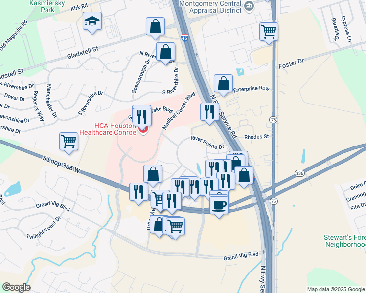 map of restaurants, bars, coffee shops, grocery stores, and more near 502 River Pointe Drive in Conroe