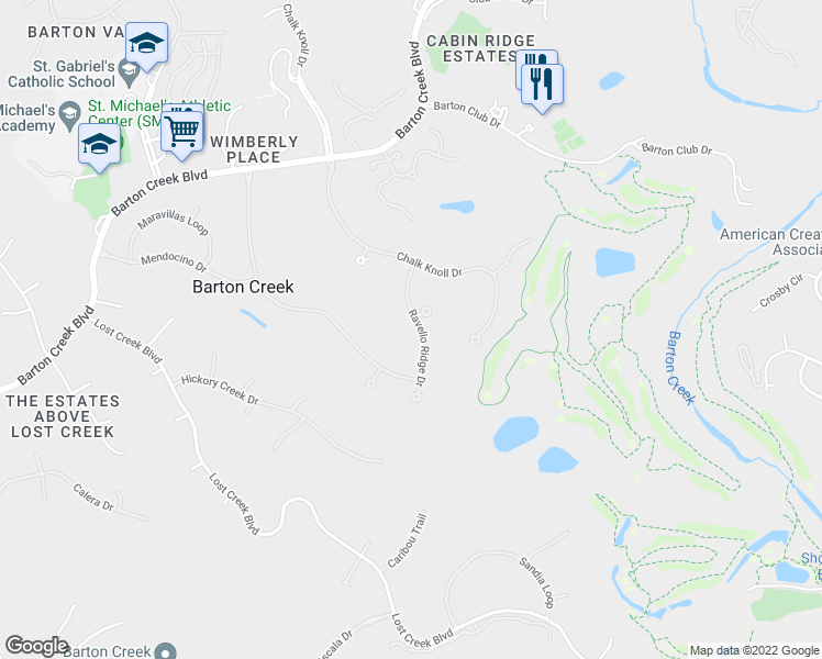 map of restaurants, bars, coffee shops, grocery stores, and more near 2700 Ravello Ridge Drive in Austin
