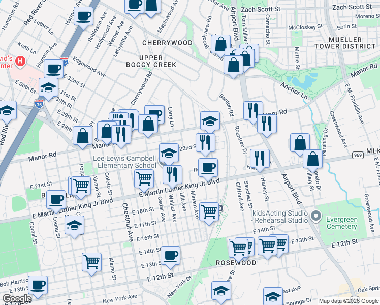 map of restaurants, bars, coffee shops, grocery stores, and more near 2805 East 22nd Street in Austin