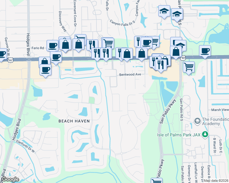 map of restaurants, bars, coffee shops, grocery stores, and more near 14051 Claridge Road East in Jacksonville