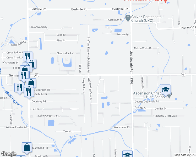 map of restaurants, bars, coffee shops, grocery stores, and more near 14521 Stonegate Manor Drive in Gonzales