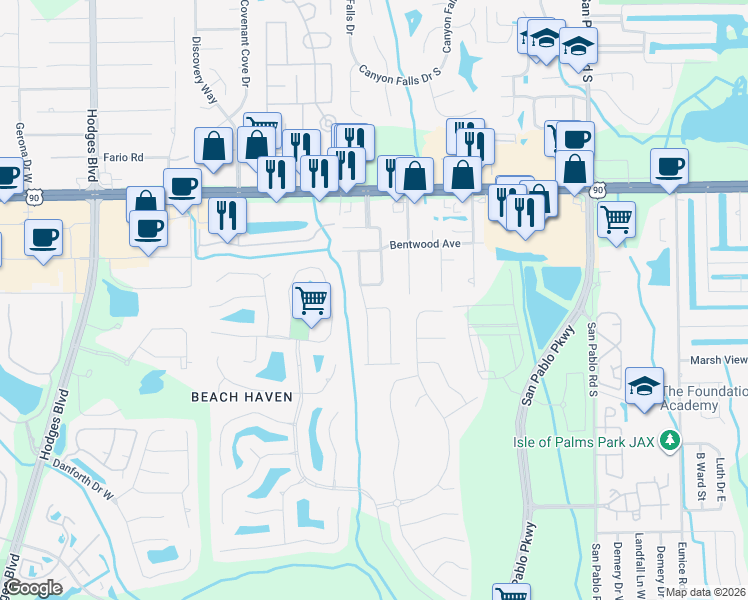 map of restaurants, bars, coffee shops, grocery stores, and more near 14051 Claridge Road East in Jacksonville