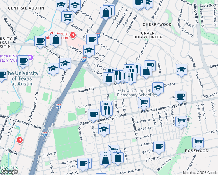 map of restaurants, bars, coffee shops, grocery stores, and more near in Austin