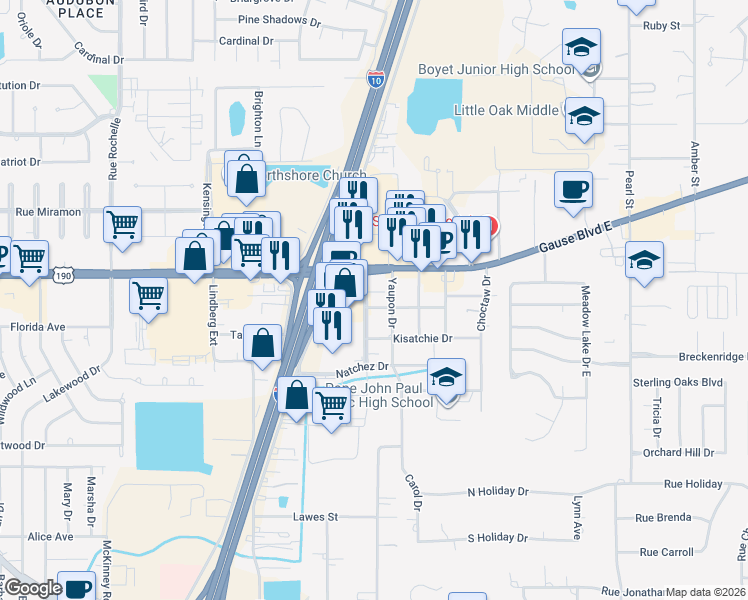 map of restaurants, bars, coffee shops, grocery stores, and more near 58506 Yaupon Drive in Slidell