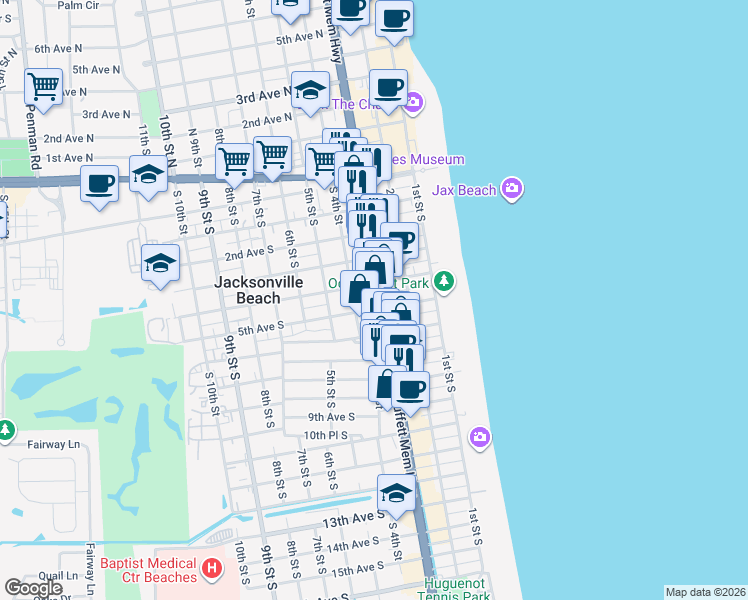 map of restaurants, bars, coffee shops, grocery stores, and more near 333 5th Avenue South in Jacksonville Beach