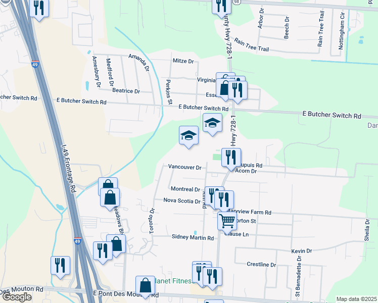 map of restaurants, bars, coffee shops, grocery stores, and more near 610 East Butcher Switch Road in Lafayette