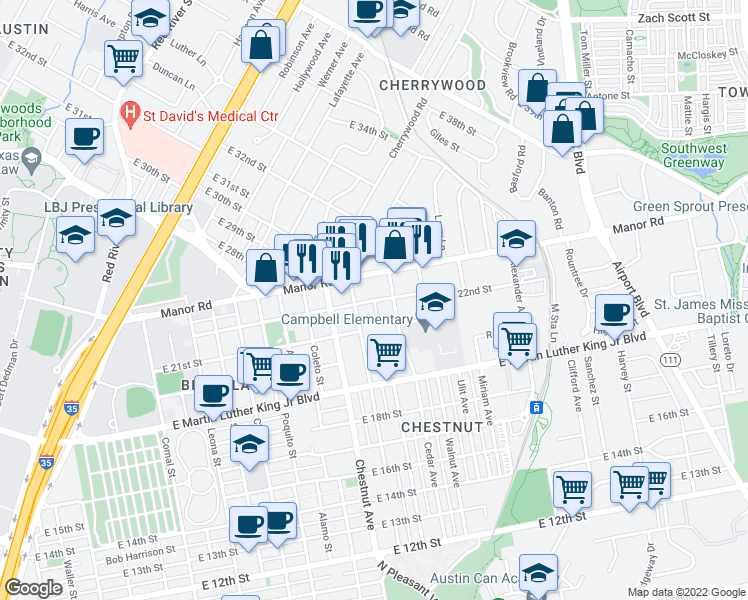 map of restaurants, bars, coffee shops, grocery stores, and more near E 22nd St & Maldon Pl in Austin