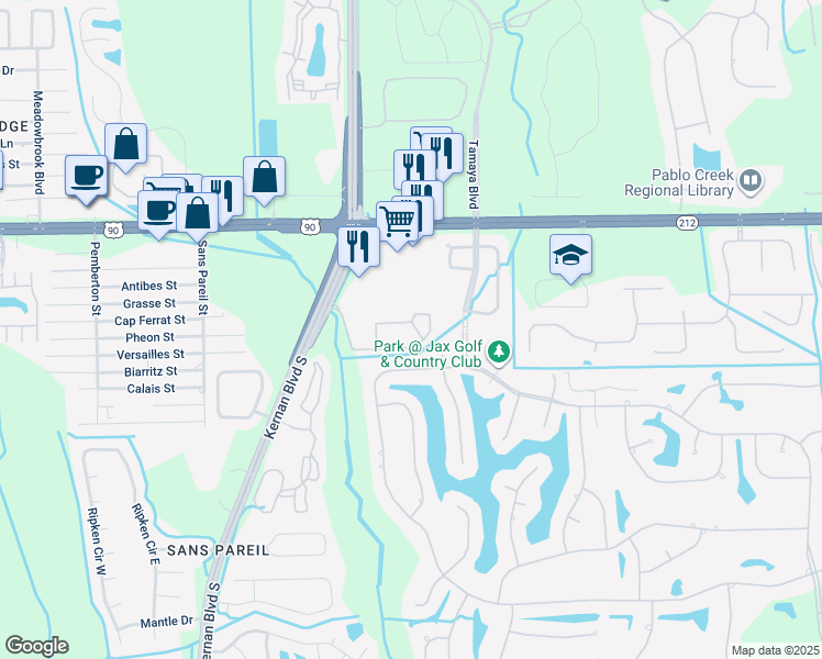 map of restaurants, bars, coffee shops, grocery stores, and more near 3591 Kernan Boulevard South in Jacksonville