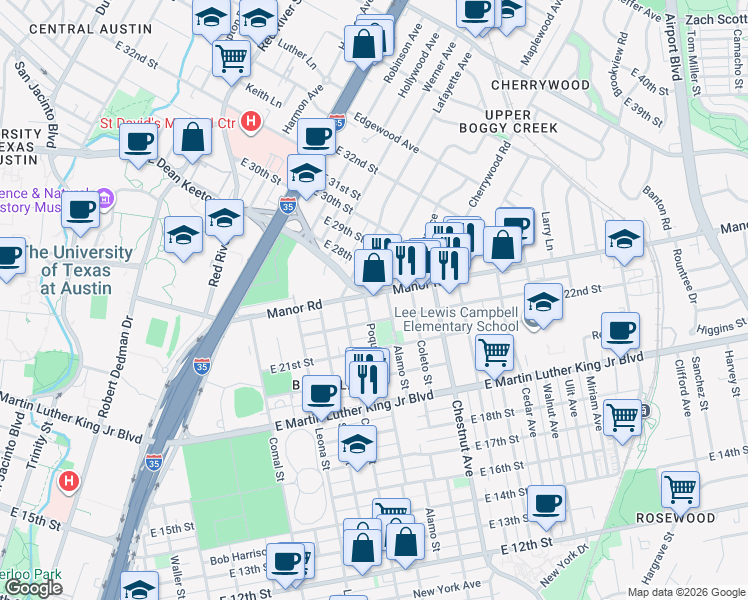 map of restaurants, bars, coffee shops, grocery stores, and more near in Austin