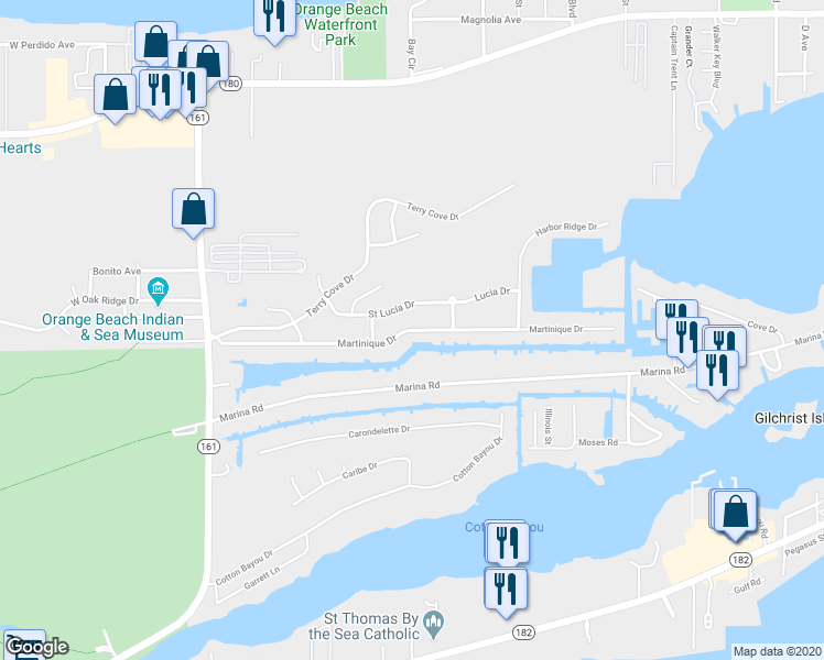 map of restaurants, bars, coffee shops, grocery stores, and more near 26491 Martinique Drive in Orange Beach
