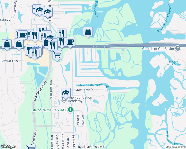 map of restaurants, bars, coffee shops, grocery stores, and more near 14618 Island Drive in Jacksonville