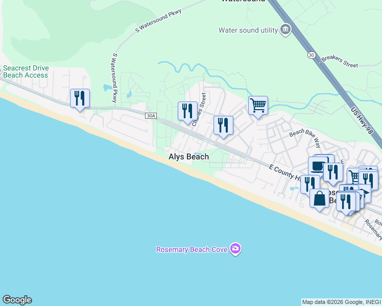 map of restaurants, bars, coffee shops, grocery stores, and more near 16 Shinbone Court in Panama City Beach