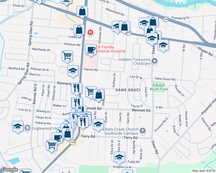 map of restaurants, bars, coffee shops, grocery stores, and more near 6251 Kennerly Road in Jacksonville