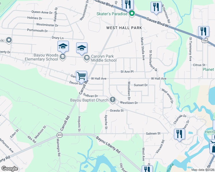 map of restaurants, bars, coffee shops, grocery stores, and more near 1323 Westlawn Drive in Slidell