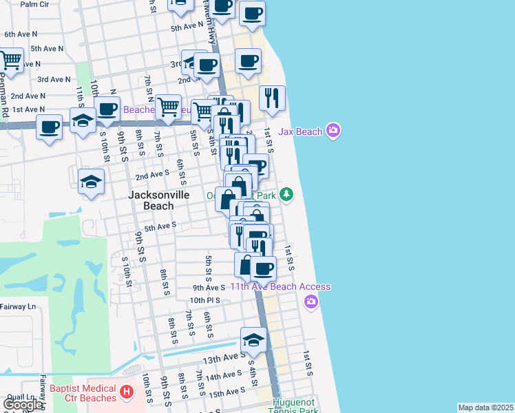 map of restaurants, bars, coffee shops, grocery stores, and more near 504 2nd Street South in Jacksonville Beach