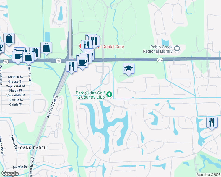 map of restaurants, bars, coffee shops, grocery stores, and more near 12782 Avalon Cove Drive South in Jacksonville