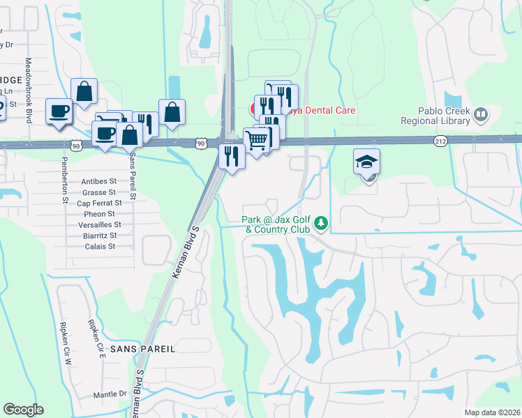 map of restaurants, bars, coffee shops, grocery stores, and more near 3591 Kernan Boulevard South in Jacksonville