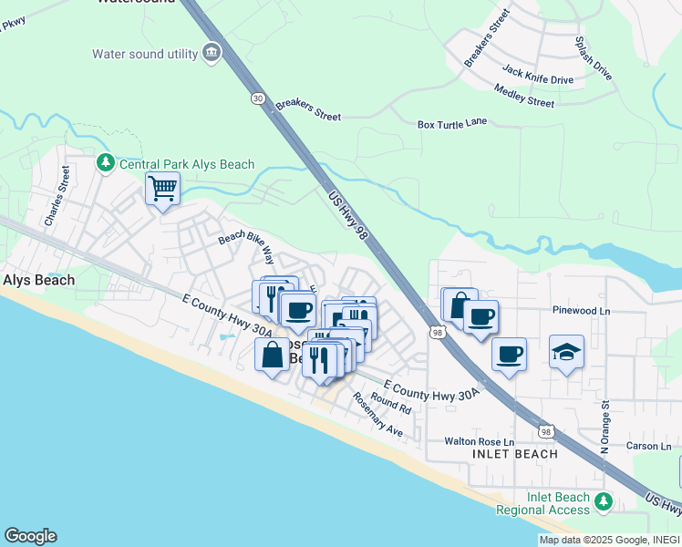 map of restaurants, bars, coffee shops, grocery stores, and more near 38 Dill Lane in Rosemary Beach